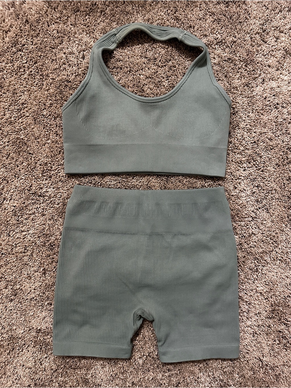 #155 Ribbed Olive Green Seamless Active Set - Crop Top & High-Waist Shorts